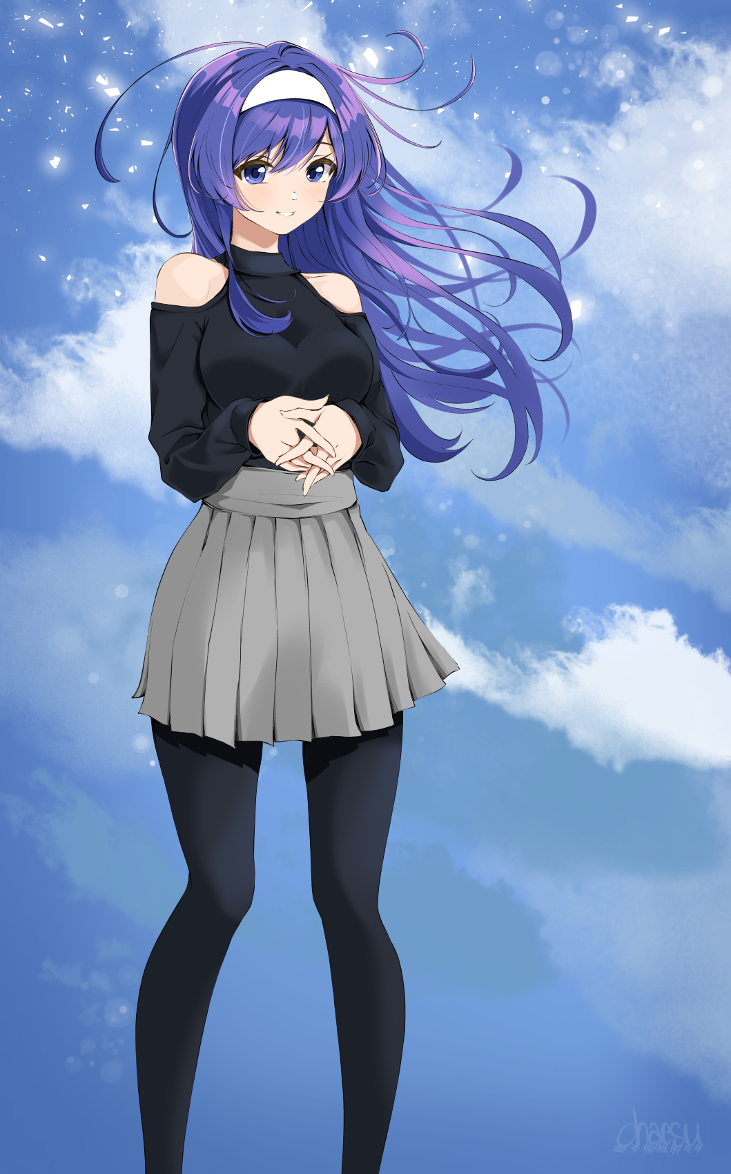 ahoge bare_shoulders black_legwear black_sweater blue_eyes blue_hair blue_sky blush casual chaesu cowboy_shot grey_skirt hair_intakes hairband high-waist_skirt highres huge_ahoge long_hair orie_(under_night_in-birth) pleated_skirt skirt sky smile solo standing steepled_fingers sweater turtleneck turtleneck_sweater under_night_in-birth white_hairband wind wind_lift