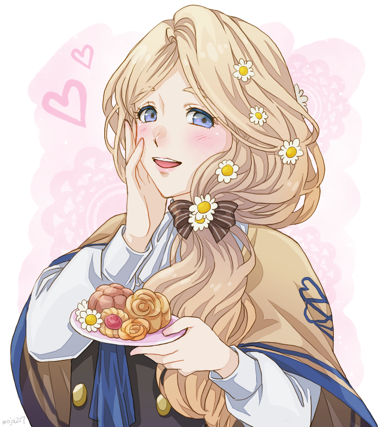 1girl blonde_hair blue_eyes bow cookie fire_emblem fire_emblem:_three_houses flower food garreg_mach_monastery_uniform hair_bow hair_flower hair_ornament holding holding_plate ichii_k long_hair long_sleeves low_ponytail mercedes_von_martritz open_mouth plate solo uniform upper_body