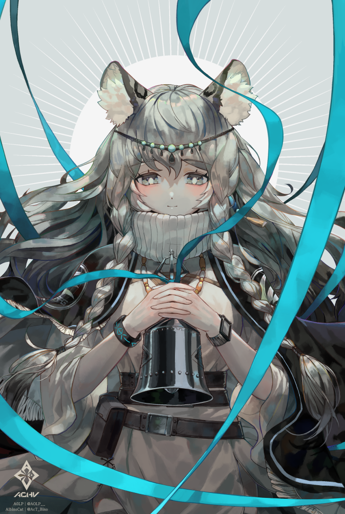 1girl a0lp animal_ear_fluff animal_ears arknights bell belt belt_buckle blush bracelet braid buckle cape capelet closed_mouth eyebrows_visible_through_hair grey_eyes holding jewelry lace long_hair long_sleeves looking_down necklace pramanix_(arknights) silver_hair simple_background skirt solo turtleneck very_long_hair watch