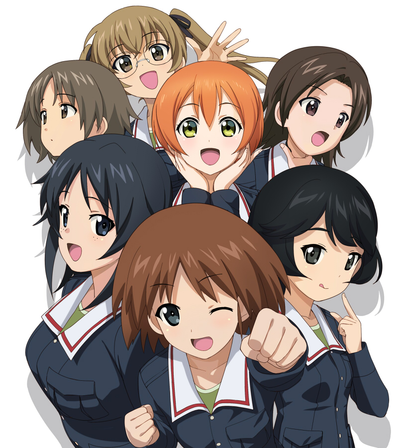 6+girls a1 blue_jacket crossover girls_und_panzer green_shirt hoshizora_rin jacket long_sleeves looking_at_viewer love_live! love_live!_school_idol_project maruyama_saki military military_uniform multiple_girls ooarai_military_uniform oono_aya open_mouth sakaguchi_karina sawa_azusa shirt simple_background smile uniform upper_body utsugi_yuuki white_background yamagou_ayumi