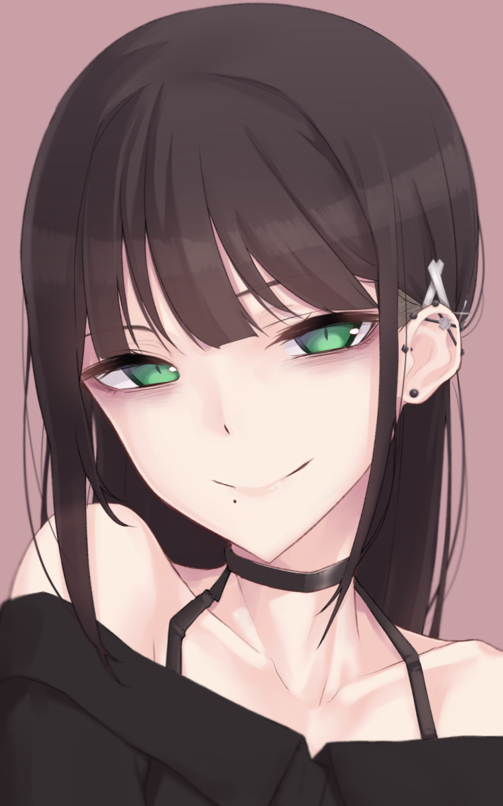 1girl bags_under_eyes bangs bare_shoulders black_choker blunt_bangs bra_strap brown_hair choker closed_mouth collarbone ear_piercing green_eyes highres kurosawa_dia long_hair love_live! love_live!_sunshine!! mole mole_under_mouth nasuno_(nasuno42) off_shoulder piercing portrait purple_background sidelocks simple_background slit_pupils smile solo