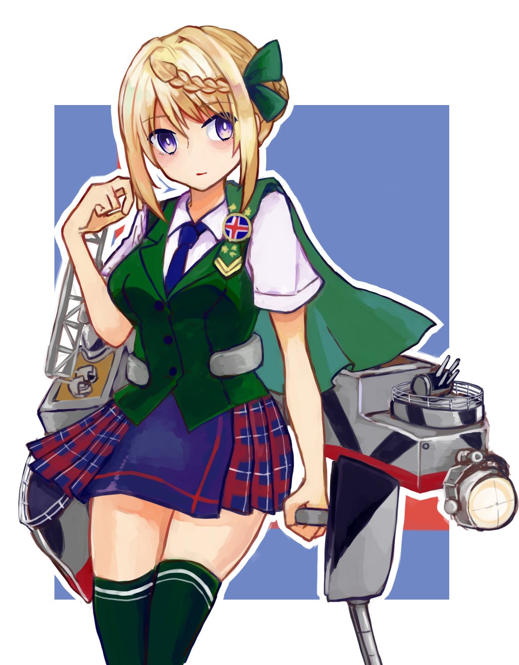 1girl badge blonde_hair blue_background blue_neckwear blue_skirt border braid braided_bun cape cowboy_shot dress_shirt green_cape green_legwear green_vest highres kantai_collection kurou_oruha looking_at_viewer machinery necktie perth_(kantai_collection) plaid plaid_skirt pleated_skirt school_uniform searchlight shirt short_hair short_sleeves skirt solo thigh-highs two-tone_background vest white_border white_shirt