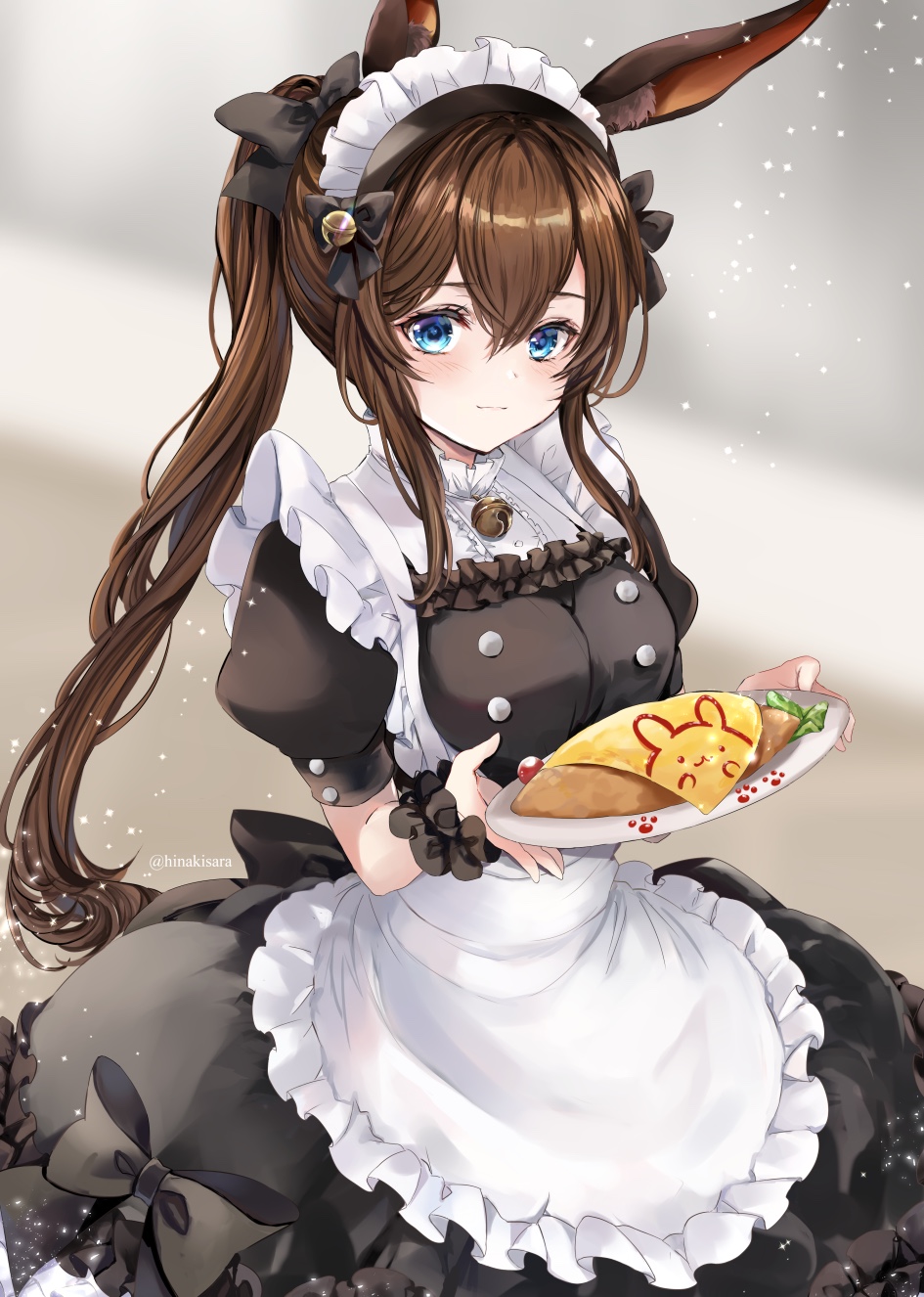 1girl amiya_(arknights) animal_ear_fluff animal_ears apron arknights artist_name bangs bell bell_collar black_bow black_dress blue_eyes blush bow breasts brown_hair collar commentary_request dress eyebrows_visible_through_hair food hair_between_eyes hair_bow highres hinahino holding holding_plate jingle_bell light_particles looking_at_viewer maid maid_apron maid_headdress medium_breasts omurice plate ponytail rabbit_ears scrunchie short_sleeves sidelocks solo wrist_scrunchie