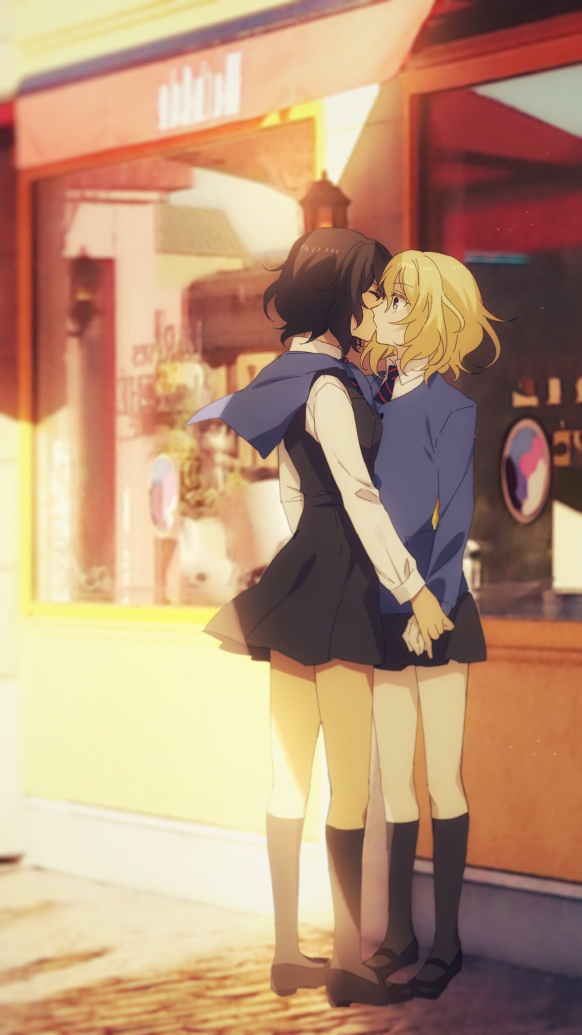 2girls amazuki_jou andou_(girls_und_panzer) bangs bc_freedom_school_uniform black_hair black_legwear black_skirt black_vest blonde_hair blue_eyes blue_neckwear blue_sweater blurry blurry_background brown_footwear cardigan closed_eyes commentary dark_skin day depth_of_field diagonal_stripes dress_shirt girls_und_panzer highres holding_hands kiss kneehighs loafers long_sleeves looking_at_another medium_hair messy_hair miniskirt multiple_girls necktie oshida_(girls_und_panzer) outdoors pleated_skirt red_neckwear school_uniform shirt shoes shop skirt standing striped striped_neckwear sunlight sweater sweater_around_neck vest white_shirt wind window yuri