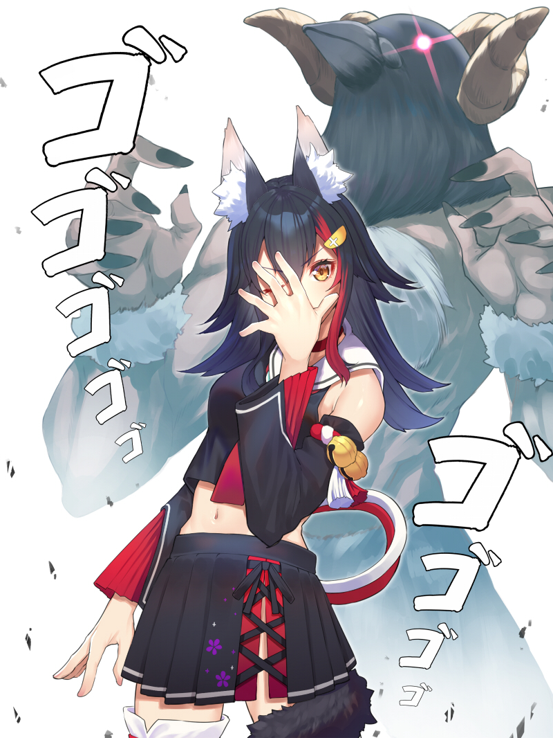 1girl animal_ear_fluff animal_ears bare_shoulders bird black_choker black_hair black_skirt breasts choker commentary_request detached_sleeves eyebrows_visible_through_hair flipped_hair hair_ornament hairclip hatotaur hololive jojo_no_kimyou_na_bouken jojo_pose long_hair long_sleeves looking_at_viewer medium_breasts menacing_(jojo) mikan_(chipstar182) multicolored_hair navel ookami_mio open_mouth pleated_skirt pose redhead simple_background skirt stand_(jojo) streaked_hair tail very_long_hair virtual_youtuber white_background wolf_ears wolf_tail yellow_eyes