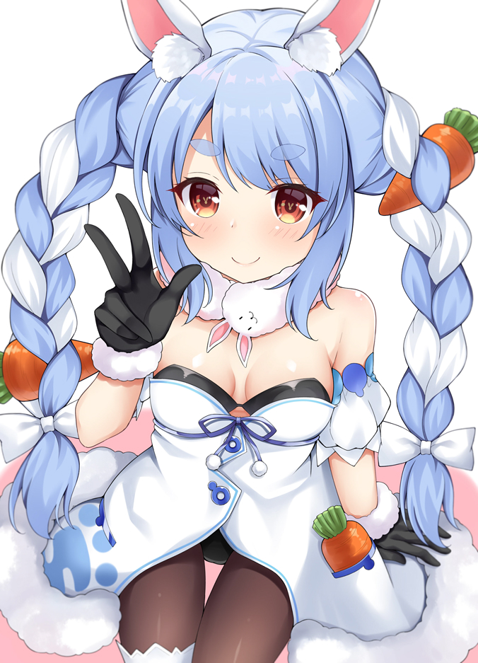 1girl animal_ear_fluff animal_ears arm_support bangs black_gloves black_leotard blue_hair blush bow braid brown_eyes brown_legwear carrot_hair_ornament closed_mouth commentary_request dress eyebrows_visible_through_hair food_themed_hair_ornament fur-trimmed_dress fur-trimmed_gloves fur_trim gloves hair_bow hair_ornament hand_up hololive leotard long_hair maccha multicolored_hair pantyhose rabbit_ears short_eyebrows sitting smile solo strapless strapless_dress strapless_leotard thick_eyebrows twin_braids twintails two-tone_hair usada_pekora v very_long_hair virtual_youtuber white_bow white_dress white_hair