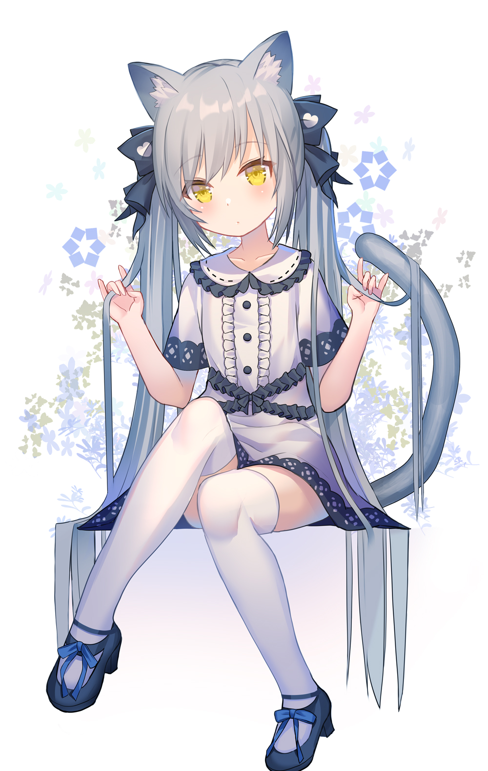 1girl animal_ear_fluff animal_ears black_bow black_footwear blue_ribbon blush bow cat_ears cat_girl cat_tail center_frills closed_mouth collared_dress commentary_request dress frilled_shirt_collar frills full_body grey_hair hair_bow hands_up heart high_heels highres holding holding_hair knee_up long_hair looking_at_viewer original ribbon rk_(rktorinegi) shoes short_sleeves tail thigh-highs twintails very_long_hair white_dress white_legwear yellow_eyes