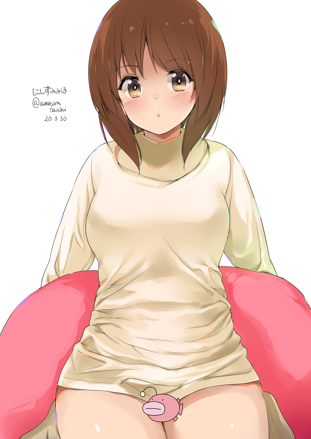 1girl amasora_taichi anglerfish bangs bottomless brown_eyes brown_hair casual censored character_name closed_mouth commentary dated emblem eyebrows_visible_through_hair girls_und_panzer highres long_sleeves looking_at_viewer nishizumi_miho pillow shirt short_hair sitting solo twitter_username wariza white_shirt