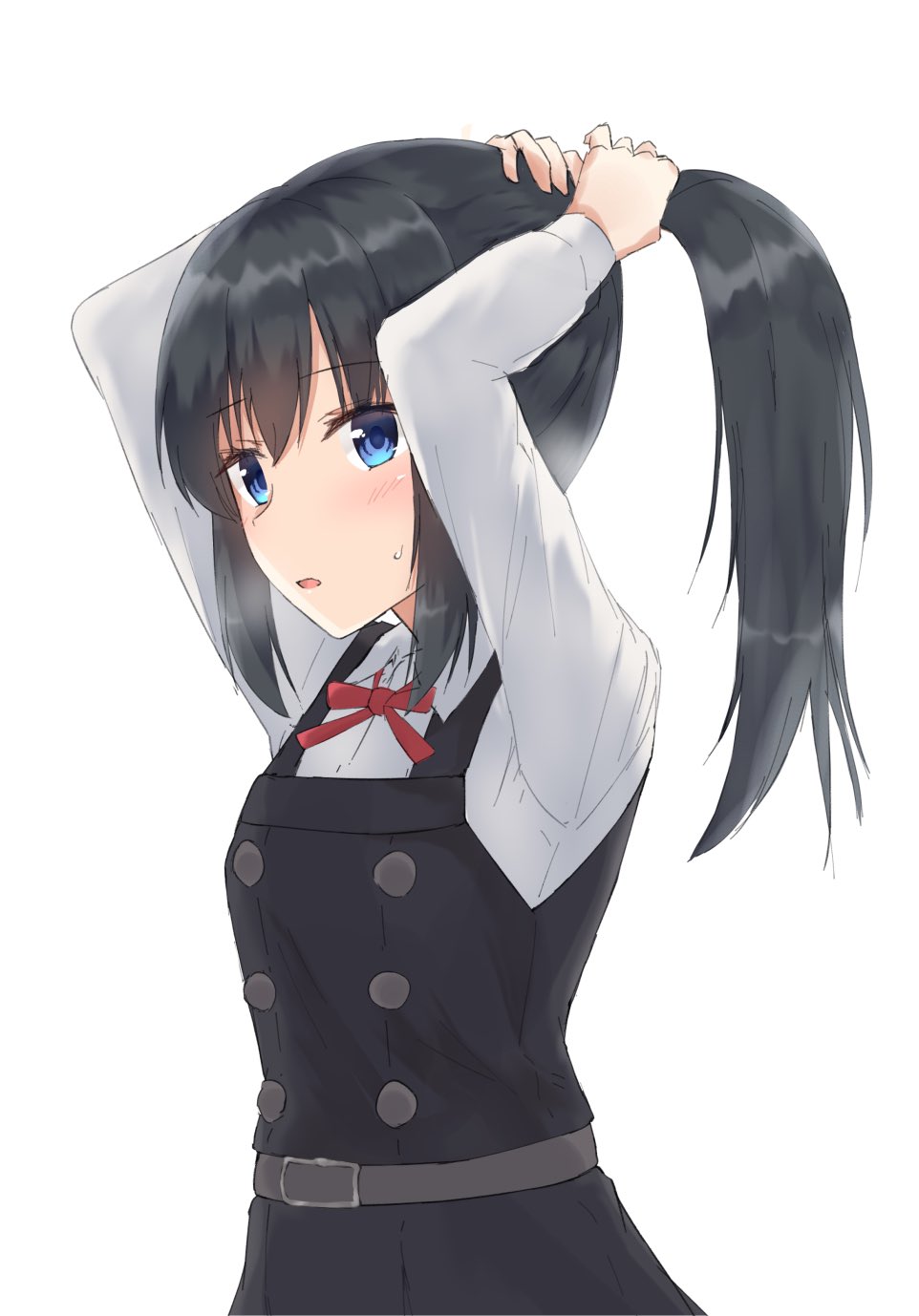 1girl asashio_(kantai_collection) black_hair blue_eyes commentary_request cowboy_shot dress highres holding holding_hair kantai_collection long_hair long_sleeves neck_ribbon pinafore_dress ponytail red_ribbon remodel_(kantai_collection) ribbon rokosu_(isibasi403) shirt simple_background solo white_background white_shirt