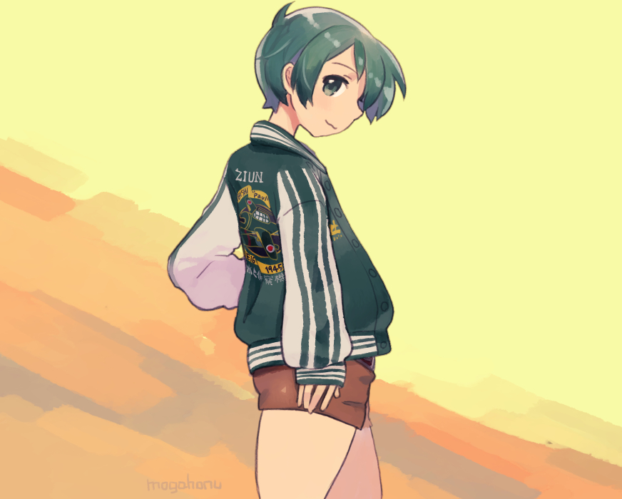 1girl :3 alternate_costume bangs brown_shorts clothes_writing cowboy_shot green_eyes green_hair green_jacket jacket kantai_collection letterman_jacket looking_at_viewer mogami_(kantai_collection) mogamiya_honu short_hair shorts solo standing swept_bangs