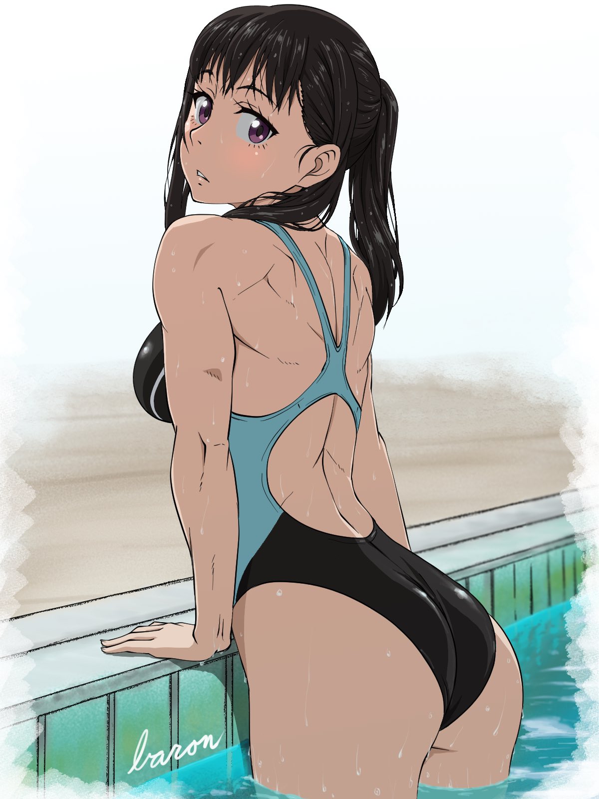 1girl ass baron_(varon666) black_eyes black_hair commentary_request cowboy_shot en'en_no_shouboutai from_behind highres long_hair looking_at_viewer maki_oze ponytail poolside signature solo water