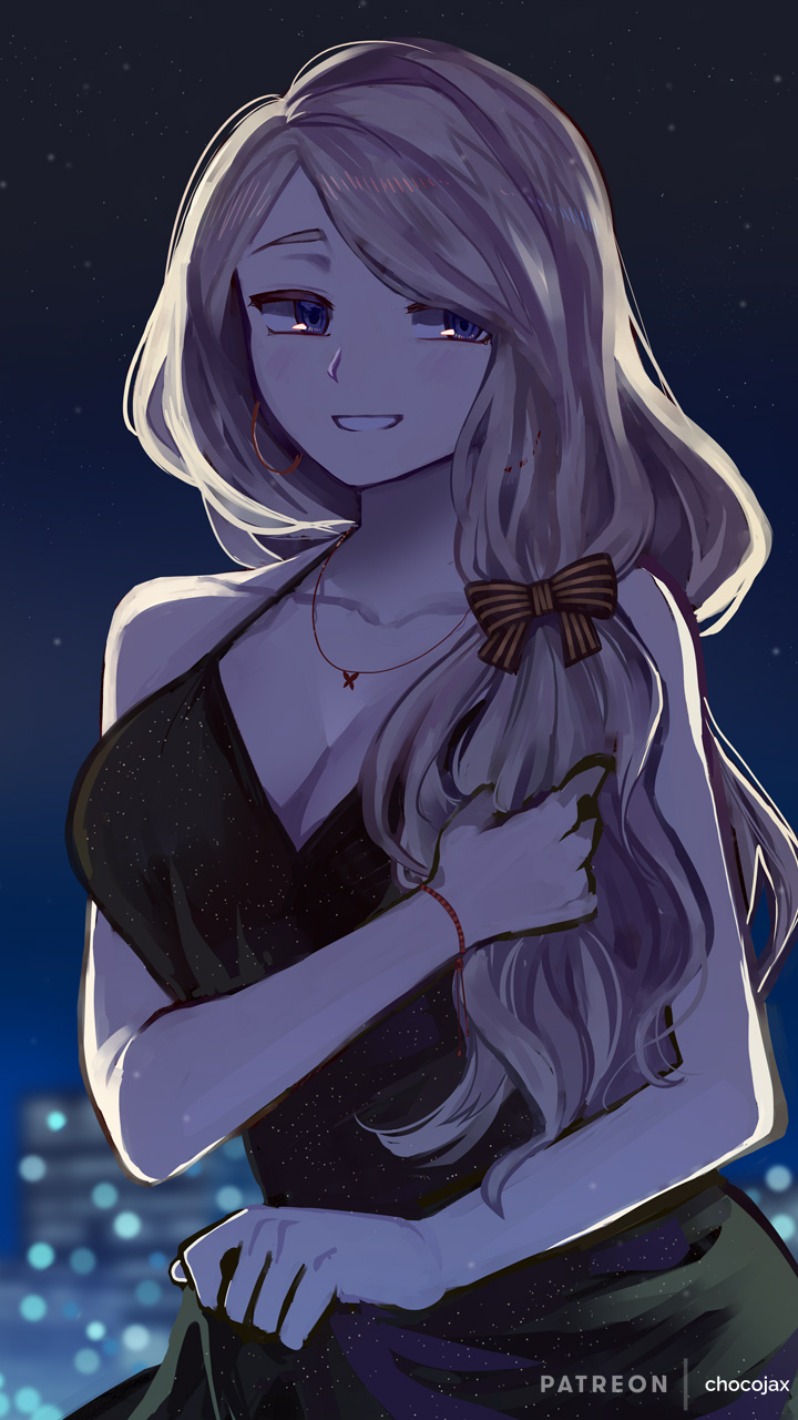 1girl :d artist_name birthday black_dress chocojax contemporary cowboy_shot dress english_commentary fire_emblem fire_emblem:_three_houses highres long_hair mercedes_von_martritz night night_sky open_mouth sky skyline smile spaghetti_strap