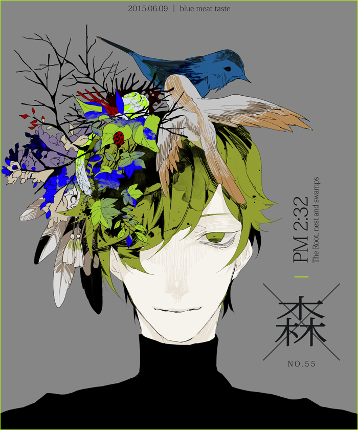 1boy abstract alternate_costume animal_on_head bird bird_on_head bug dated green_eyes green_hair hair_over_one_eye insect ladybug looking_at_viewer male_focus mzet on_head pale_skin portrait smile solo surreal touken_ranbu uguisumaru