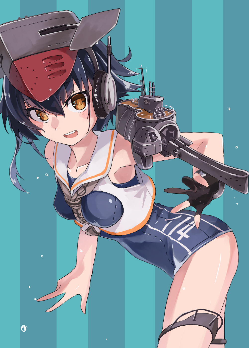 1girl black_hair breasts brown_eyes collarbone commentary_request framed_breasts gloves hair_between_eyes hat headphones highres i-14_(kantai_collection) kantai_collection looking_at_viewer medium_breasts neckerchief open_mouth partly_fingerless_gloves rigging sailor_collar school_swimsuit short_hair single_glove sleeveless solo striped striped_background sugue_tettou swimsuit vertical_stripes