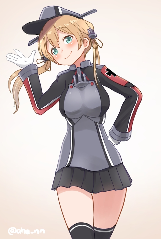 1girl ahenn aqua_eyes black_legwear black_skirt blonde_hair blush breasts cowboy_shot eyebrows_visible_through_hair gloves hair_between_eyes hat kantai_collection large_breasts long_hair long_sleeves low_twintails military military_uniform peaked_cap pleated_skirt prinz_eugen_(kantai_collection) skirt smile solo thigh-highs twintails twitter_username uniform white_gloves