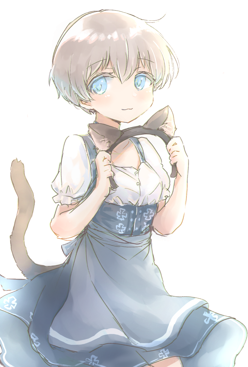 1girl alternate_costume animal_ears blonde_hair blue_eyes blush buttons cat_ears cat_tail cowboy_shot dirndl eyebrows_visible_through_hair fake_animal_ears german_clothes hair_between_eyes highres holding kantai_collection karin_bluez3 short_hair short_sleeves simple_background solo tail white_background z1_leberecht_maass_(kantai_collection)