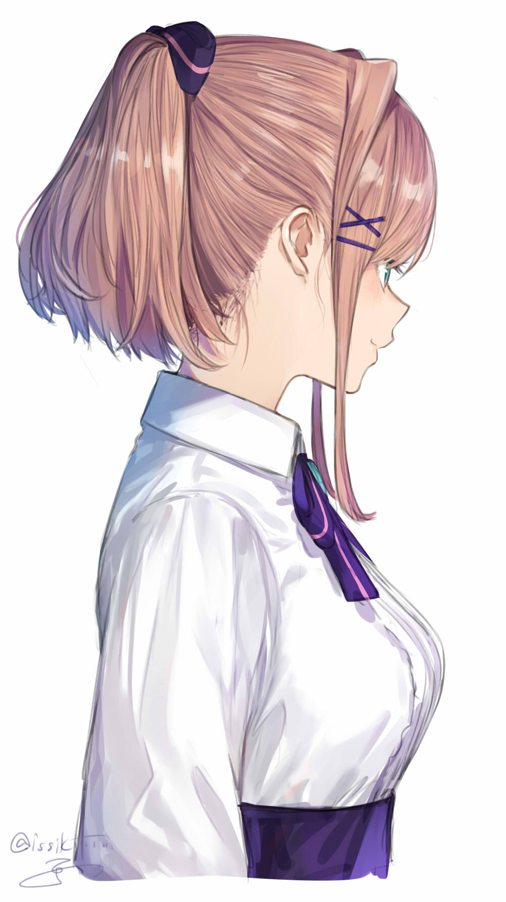 1girl artist_name bangs black_ribbon breasts brown_hair closed_mouth collar collared_shirt copyright_request from_side green_eyes hair_ornament hair_ribbon highres isshiki_(ffmania7) jewelry long_sleeves looking_away medium_breasts neck_ring neckwear nijisanji ponytail purple_ribbon ribbon shirt sidelocks signature simple_background smile solo suzuhara_lulu twitter_username upper_body virtual_youtuber white_background white_shirt x_hair_ornament