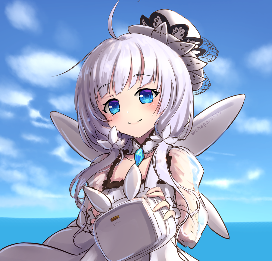 1girl ahoge azur_lane bag blue_eyes chagara child choker clouds dress fairy_wings fake_wings hat holding illustrious_(azur_lane) jewelry little_illustrious_(azur_lane) long_hair low_twintails outdoors pendant silver_hair sky smile solo twintails upper_body white_dress white_headwear wings younger