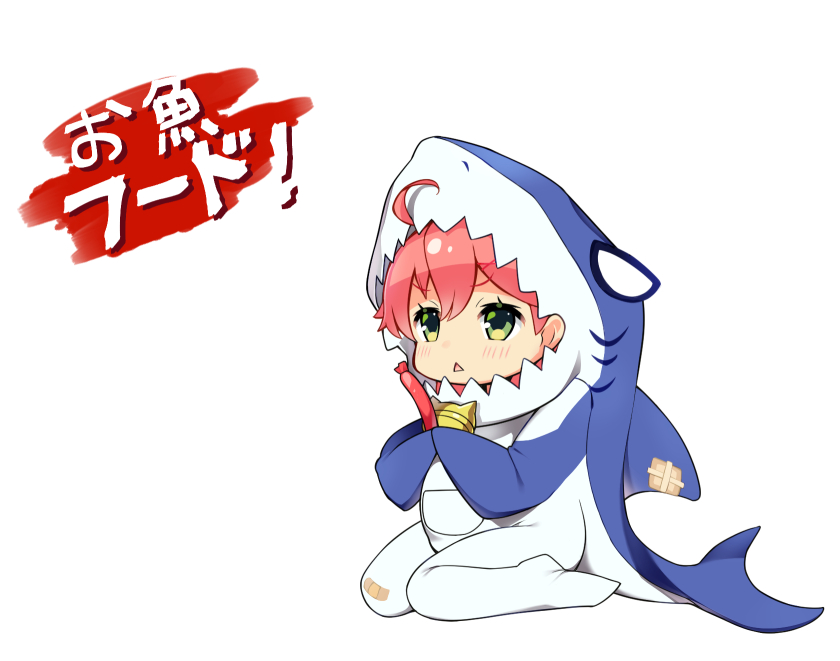 1girl ahoge bandaid bandaid_on_knee blush chestnut_mouth eyebrows_visible_through_hair goboudashi green_eyes hair_between_eyes hololive maneater_(game) open_mouth pink_hair sakura_miko shark shark_costume sitting solo virtual_youtuber