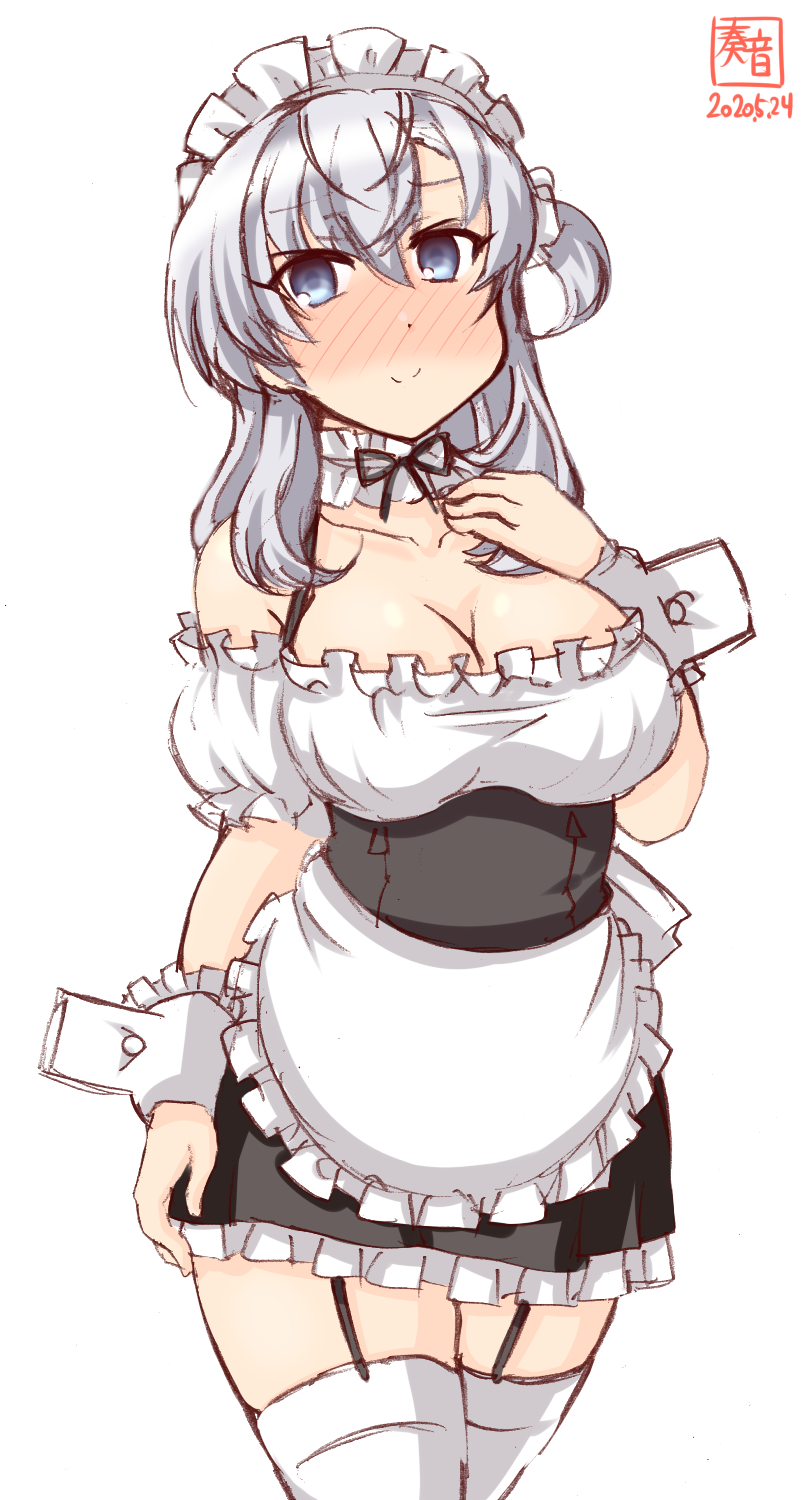 1girl alternate_costume apron artist_logo black_skirt blouse blush commentary_request cowboy_shot dated detached_sleeves enmaided frilled_apron frilled_blouse frilled_skirt frills garter_straps grey_eyes highres kanon_(kurogane_knights) kantai_collection long_hair looking_at_viewer maid maid_headdress nose_blush one_side_up silver_hair simple_background skirt solo suzutsuki_(kantai_collection) thigh-highs waist_apron white_apron white_background white_blouse white_legwear wrist_cuffs