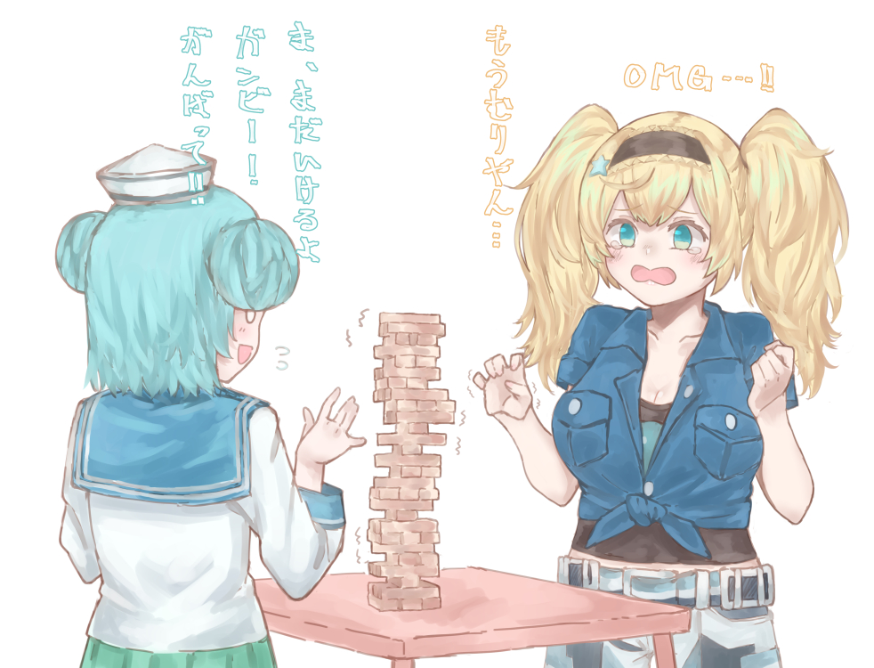 2girls aqua_skirt az_toride black_shirt blonde_hair blue_eyes blue_hair blue_sailor_collar blue_shirt breast_pocket breasts commentary_request double_bun gambier_bay_(kantai_collection) gloves hairband jenga kantai_collection large_breasts long_sleeves multicolored multicolored_clothes multiple_girls playing_games pleated_skirt pocket sailor_collar samuel_b._roberts_(kantai_collection) school_uniform serafuku shirt short_hair simple_background skirt sleeve_cuffs table tied_shirt translation_request twintails upper_body white_background white_shirt