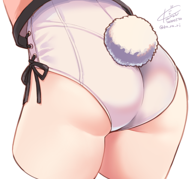 1girl adapted_costume ass bunny_tail cropped_legs dated kantai_collection koruri leotard naka_(kantai_collection) out_of_frame signature simple_background solo tail twitter_username white_background white_leotard