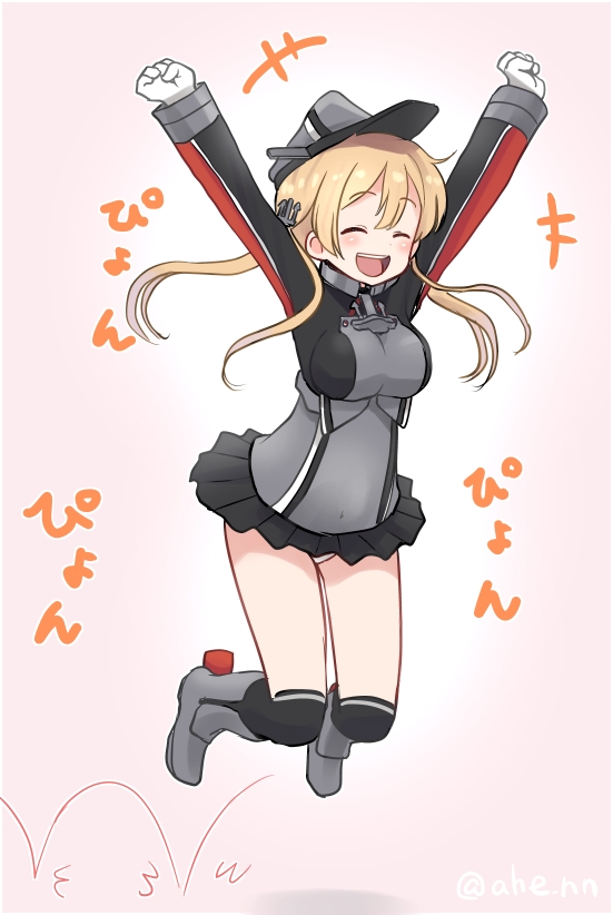 +++ 1girl ^_^ ^o^ ahenn arms_up black_legwear black_skirt blonde_hair blush breasts clenched_hands closed_eyes eyebrows_visible_through_hair full_body hair_between_eyes hat jumping kantai_collection large_breasts long_hair long_sleeves low_twintails military military_uniform open_mouth panties peaked_cap pleated_skirt prinz_eugen_(kantai_collection) skirt smile solo thigh-highs twintails twitter_username underwear uniform white_panties