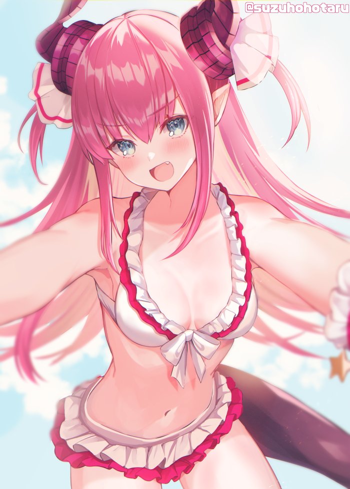 1girl bangs bare_shoulders bikini blue_eyes blush breasts collarbone curled_horns dragon_girl dragon_horns dragon_tail elizabeth_bathory_(fate) elizabeth_bathory_(fate)_(all) fang fate/extella fate/extella_link fate/extra fate_(series) frilled_bikini frills hair_between_eyes hair_ribbon horns long_hair looking_at_viewer navel open_mouth outstretched_arms pink_hair pointy_ears ribbon small_breasts smile suzuho_hotaru swimsuit tail two_side_up white_bikini