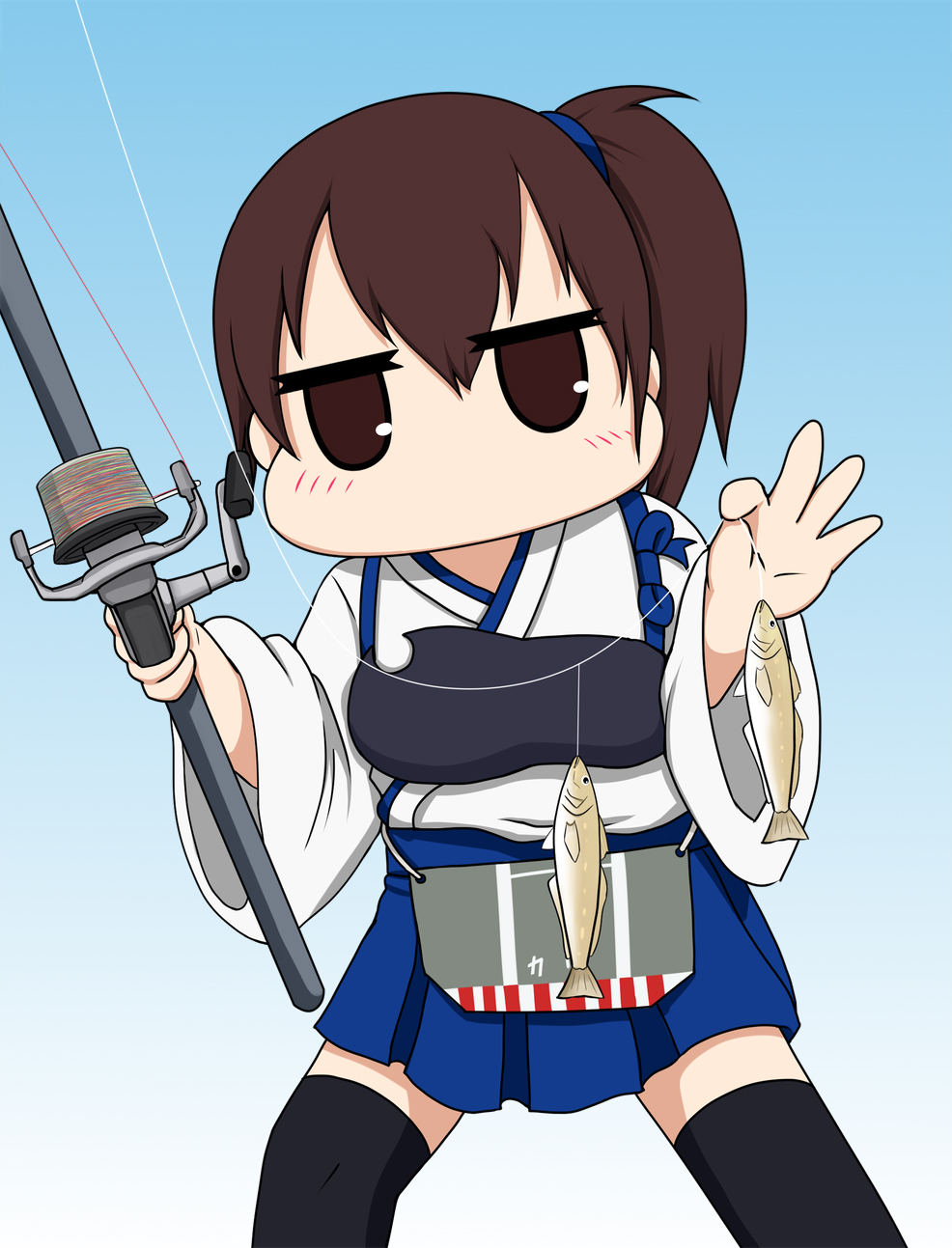 1girl apron black_legwear blue_background blue_hakama brown_eyes brown_hair commentary_request cowboy_shot fishing_line fishing_rod gradient gradient_background hakama hakama_skirt highres holding holding_fishing_rod japanese_clothes kaga_(kantai_collection) kantai_collection long_hair looking_at_viewer muneate no_mouth side_ponytail solo standing tasuki thigh-highs yakuto007