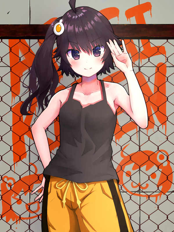 1girl ahoge araragi_karen bakemonogatari black_eyes black_hair blush breasts chain-link_fence closed_mouth collarbone drawstring eniguma. eyebrows_visible_through_hair fence graffiti looking_at_viewer medium_hair monogatari_(series) shorts side_ponytail small_breasts smile tank_top yellow_shorts