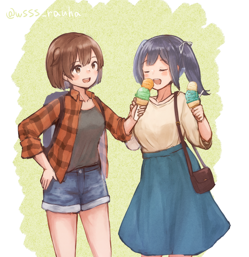 2girls alternate_costume bag black_hair black_shirt blue_shorts blue_skirt blush breasts brown_eyes brown_hair brown_sweater casual closed_eyes denim denim_shorts eyebrows_visible_through_hair food gradient gradient_background hair_ribbon hiryuu_(kantai_collection) holding holding_food ice_cream kantai_collection large_breasts long_hair long_skirt multiple_girls open_mouth red_shirt ribbon shirt short_hair short_shorts shorts side_ponytail skirt sleeveless sleeveless_shirt smile souryuu_(kantai_collection) sweater twintails two-tone_background wss_(nicoseiga19993411)