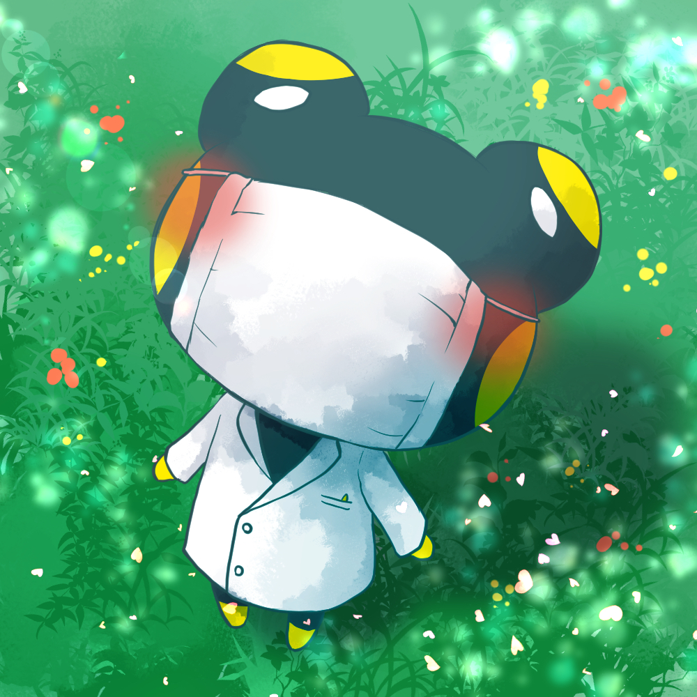 1boy blush coat doubutsu_no_mori flower frog furry grass heart kakkun_(doubutsu_no_mori) sayama_yoshiki solo