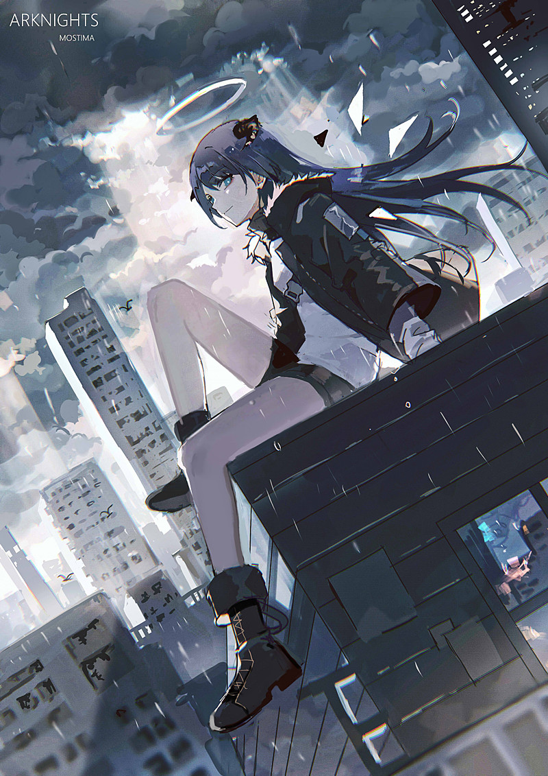 1girl arknights arm_support bare_legs bird black_footwear black_jacket black_shorts blue_eyes blue_hair boots building character_name chromatic_aberration clouds cloudy_sky copyright_name cross-laced_footwear dutch_angle full_body fur-trimmed_jacket fur_trim halo hood hood_down hooded_jacket horns jacket knee_up light_rays light_smile lococo:p long_hair looking_at_viewer mostima_(arknights) rain shirt shorts sitting sitting_on_roof sky solo sunbeam sunlight white_shirt