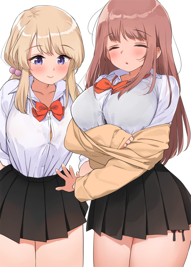 2girls :&gt; :o arm_behind_back bangs black_skirt blonde_hair blush bow bowtie breasts brown_hair button_gap closed_eyes collar eyebrows_visible_through_hair hair_bobbles hair_ornament kaisen_chuui large_breasts long_hair long_sleeves miniskirt multiple_girls original panties parted_lips pleated_skirt red_bow red_neckwear shirt side-tie_panties sidelocks simple_background skirt underwear undressing very_long_hair white_background white_shirt wing_collar