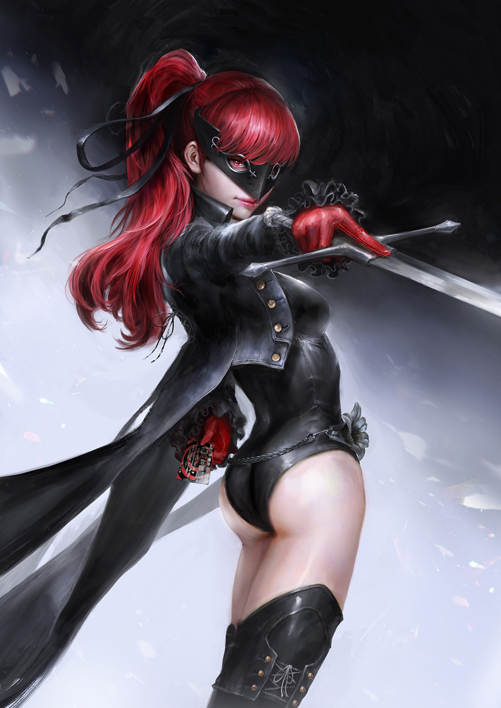1girl ass black_jacket black_legwear black_leotard chain_belt coattails cropped_jacket daniel_kamarudin english_commentary frilled_sleeves frills gloves hair_ribbon highres jacket leotard looking_at_viewer mask persona persona_5 persona_5_the_royal pointing_sword pointing_weapon ponytail red_eyes red_gloves redhead ribbon solo sword thigh-highs weapon yoshizawa_kasumi