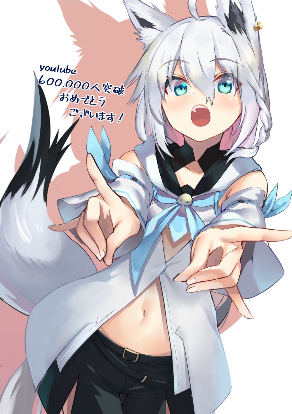 1girl ahoge animal_ears aqua_eyes armpit_crease black_shorts blush braid breasts commentary cowboy_shot detached_sleeves earrings eyebrows_visible_through_hair foreshortening fox_ears fox_shadow_puppet fox_tail hair_between_eyes highres hololive jewelry long_hair looking_at_viewer midriff navel open_mouth outstretched_hand shadow shimozuki_shio shirakami_fubuki short_shorts shorts side_braid silver_hair simple_background small_breasts smile solo tail virtual_youtuber white_background white_hoodie