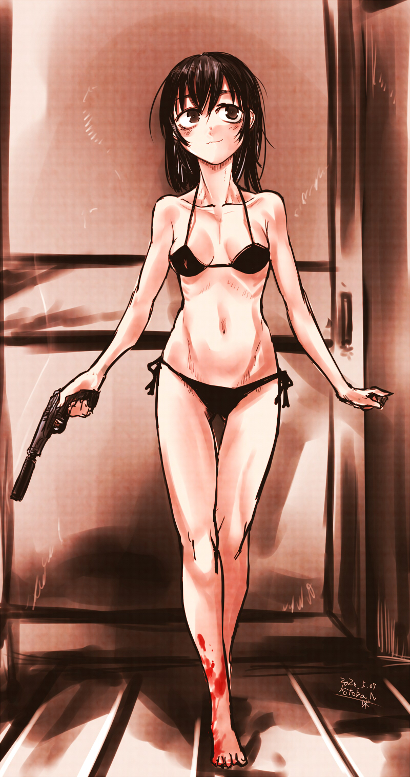 1girl arms_at_sides bare_arms bare_shoulders barefoot bikini black_bikini blood brown_eyes brown_hair brown_theme closed_mouth dated finger_on_trigger gun handgun highres holding holding_gun holding_weapon indoors kotoba_noriaki looking_at_viewer monochrome navel original pistol side-tie_bikini signature skinny smile solo standing suppressor swimsuit walking weapon