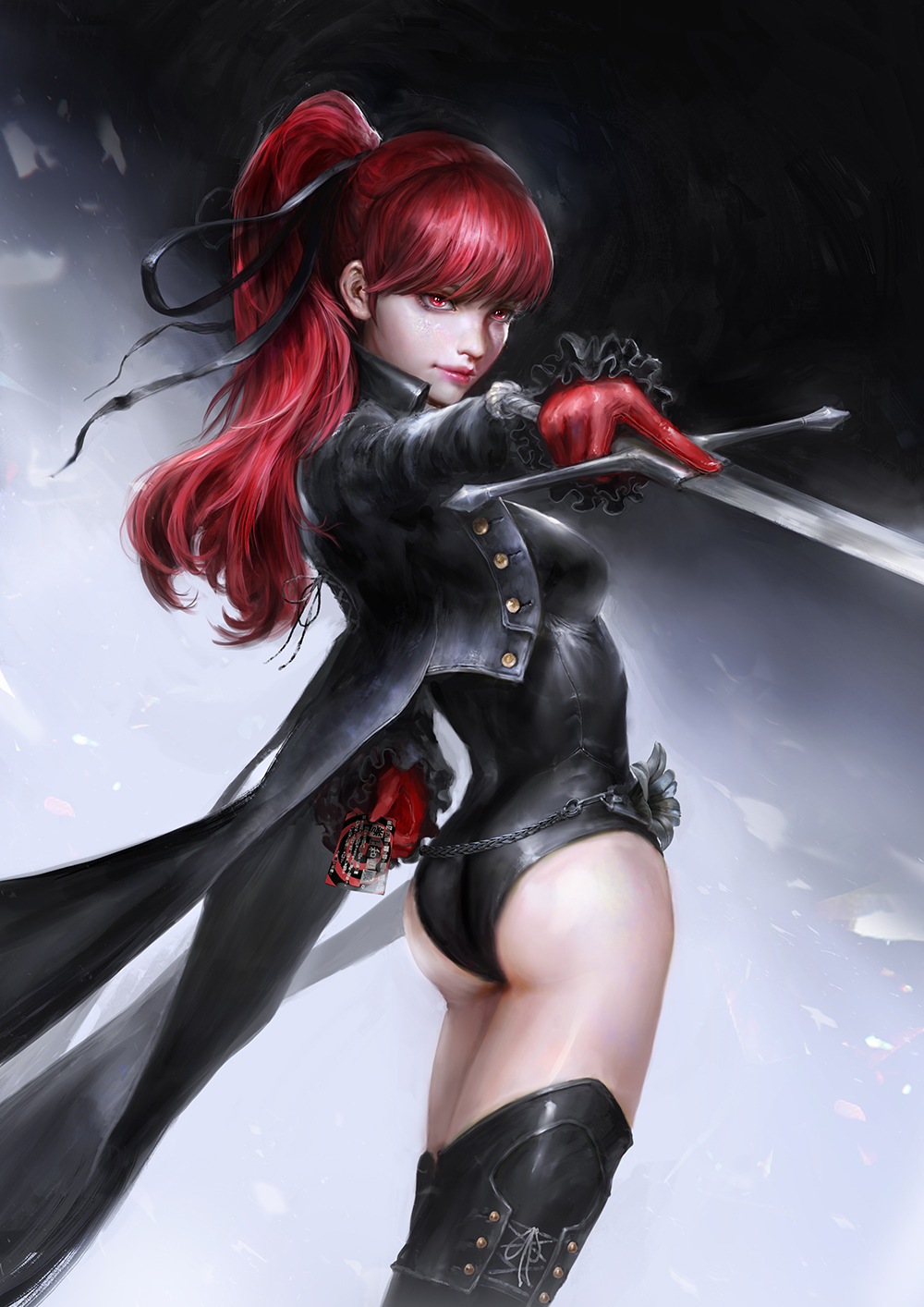 1girl ass black_jacket black_legwear black_leotard chain_belt coattails cropped_jacket daniel_kamarudin english_commentary frilled_sleeves frills gloves hair_ribbon highres jacket leotard looking_at_viewer persona persona_5 persona_5_the_royal pointing_sword pointing_weapon ponytail red_eyes red_gloves redhead ribbon solo sword thigh-highs weapon yoshizawa_kasumi