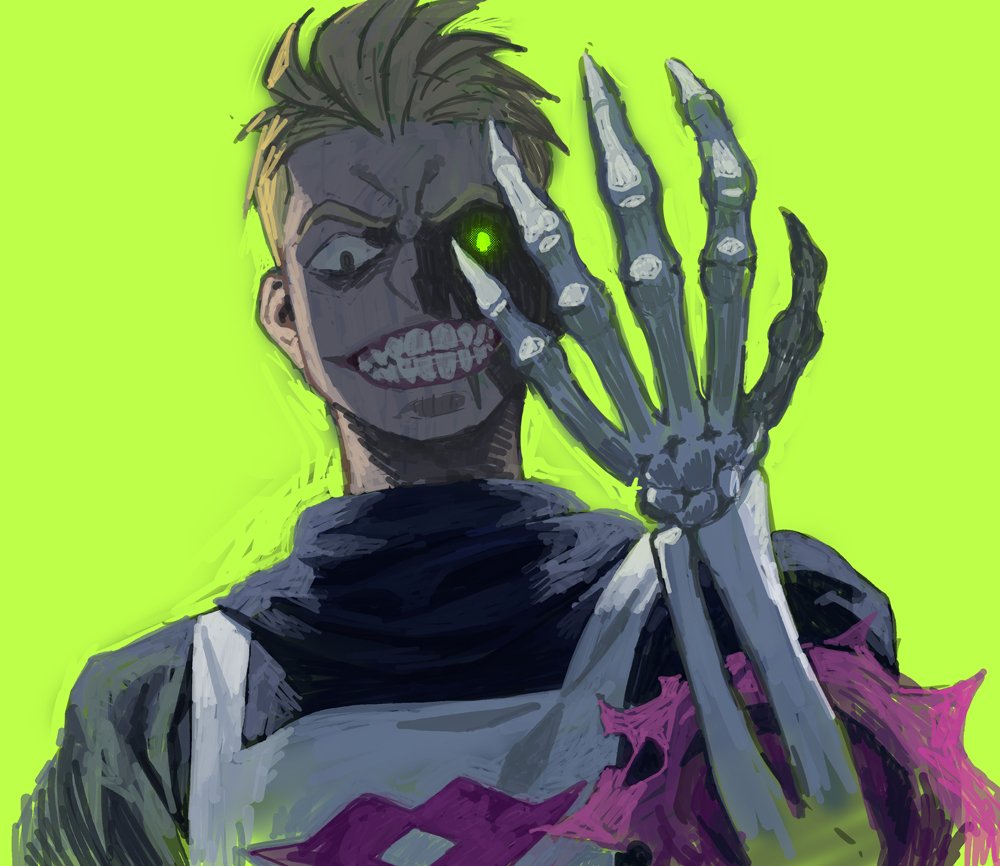 1boy battle_chef_brigade black_eyes blonde_hair bone glowing glowing_eye green_background green_eyes heterochromia male_focus niwindustries scar simple_background skeleton sketch smile solo teeth torn_clothes upper_body