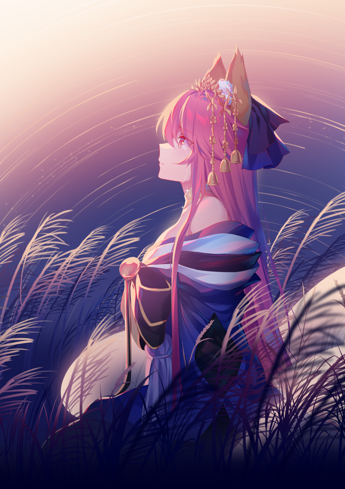 1girl animal_ear_fluff animal_ears bangs bare_shoulders bell blue_bow bow breasts crying fate/extra fate/grand_order fate_(series) fox_ears fox_girl fox_tail gradient_sky hair_bow hair_ornament hairpin jewelry large_breasts long_hair long_sleeves neck_ring night night_sky off_shoulder pink_hair purple_sky rimuu sky tail tamamo_(fate)_(all) tamamo_no_mae_(fate) tears very_long_hair wheat_field yellow_eyes