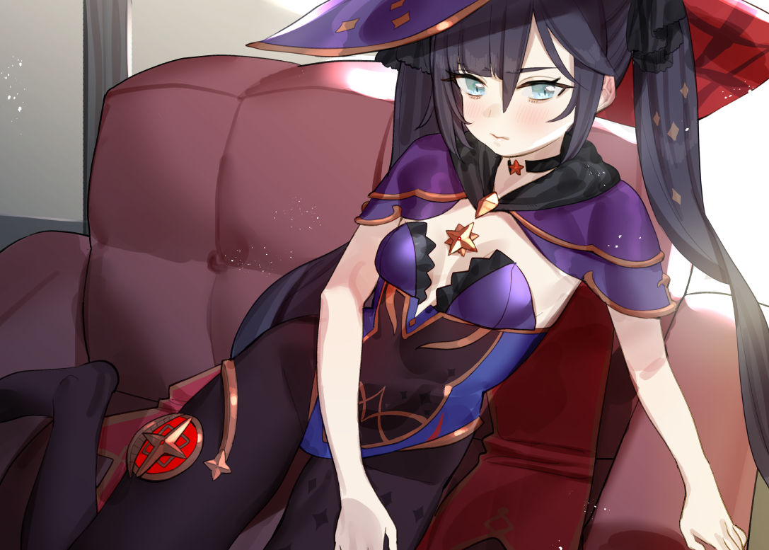 1girl bangs black_hair blue_eyes blue_leotard blush bodystocking breasts closed_mouth commentary_request couch genshin_impact hair_between_eyes hat indoors leaning_to_the_side leotard long_hair looking_at_viewer mona_(genshin_impact) no_shoes on_couch purple_headwear small_breasts solo subachi twintails very_long_hair witch_hat