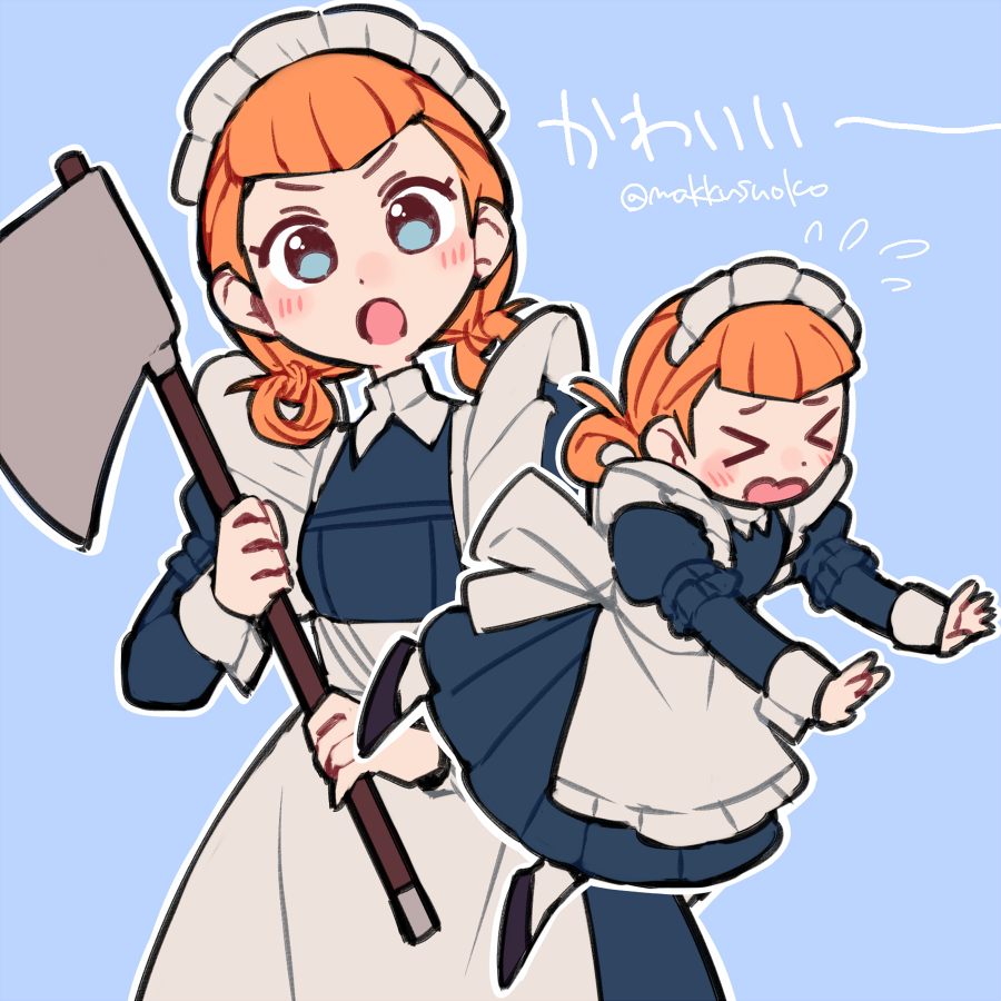 &gt;_&lt; 1girl annette_fantine_dominic axe blue_background blue_eyes do_m_kaeru fire_emblem fire_emblem:_three_houses holding holding_axe maid maid_headdress multiple_views open_mouth orange_hair simple_background twintails twitter_username