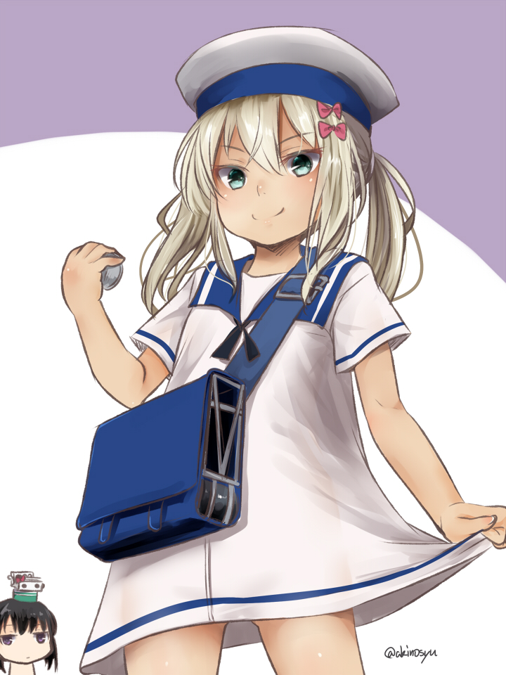 1girl akino_shuu bag blonde_hair blue_collar collar commentary_request cosplay cowboy_shot depth_charge dress duplicate grecale_(kancolle) green_eyes hair_ornament hairclip hat kantai_collection long_hair looking_at_viewer pixel-perfect_duplicate sailor_dress sailor_hat short_sleeves shounan_(kancolle) shounan_(kancolle)_(cosplay) solo wavy_hair white_dress white_headwear