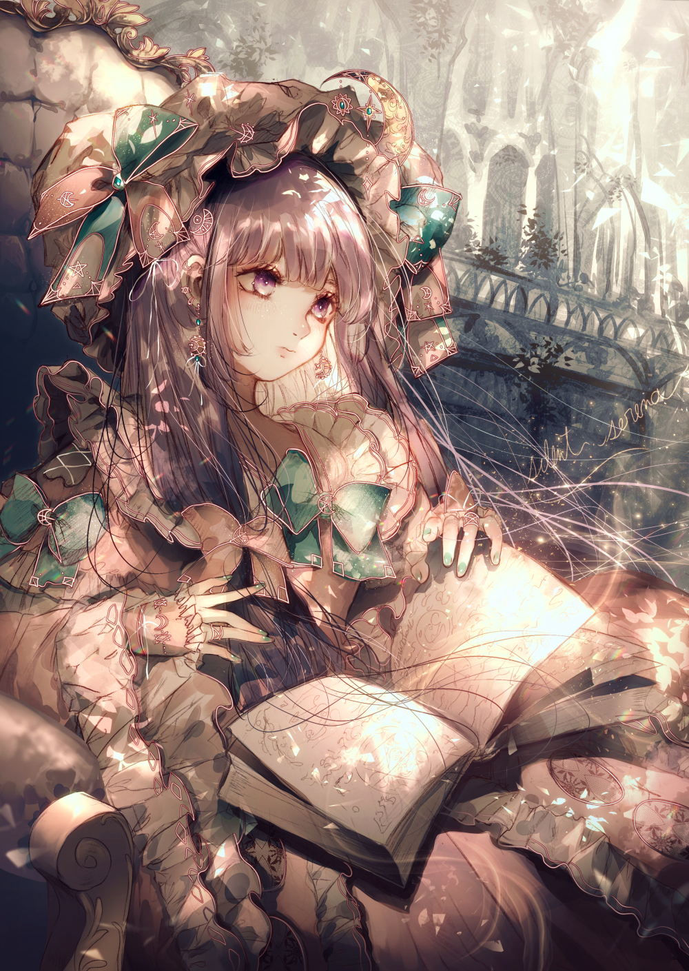 1girl bangs blunt_bangs book bow capelet chair closed_mouth commentary_request crescent crescent_moon_pin dress earrings expressionless green_bow green_nails hat hat_bow highres jewelry long_hair long_sleeves majamari mob_cap nail_polish patchouli_knowledge purple_hair sitting solo touhou violet_eyes wide_sleeves