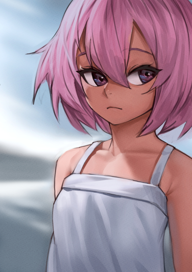 1girl bad_id bad_twitter_id blue_background blurry blurry_background bob_cut closed_mouth depth_of_field dress hair_between_eyes looking_to_the_side original pink_hair short_hair solo sundress upper_body violet_eyes white_dress zakusi