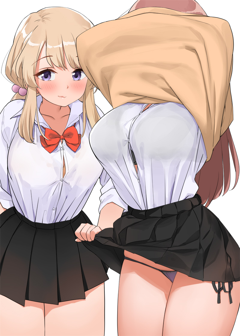 2girls arm_behind_back arms_up assisted_exposure bangs black_bra black_panties black_skirt blonde_hair blush bow bowtie bra breasts brown_hair button_gap collar eyebrows_visible_through_hair hair_bobbles hair_ornament kaisen_chuui large_breasts lifted_by_another long_hair miniskirt multiple_girls original panties pleated_skirt red_bow red_neckwear see-through shirt side-tie_panties sidelocks simple_background skirt skirt_lift underwear undressing upskirt very_long_hair white_background white_shirt wing_collar