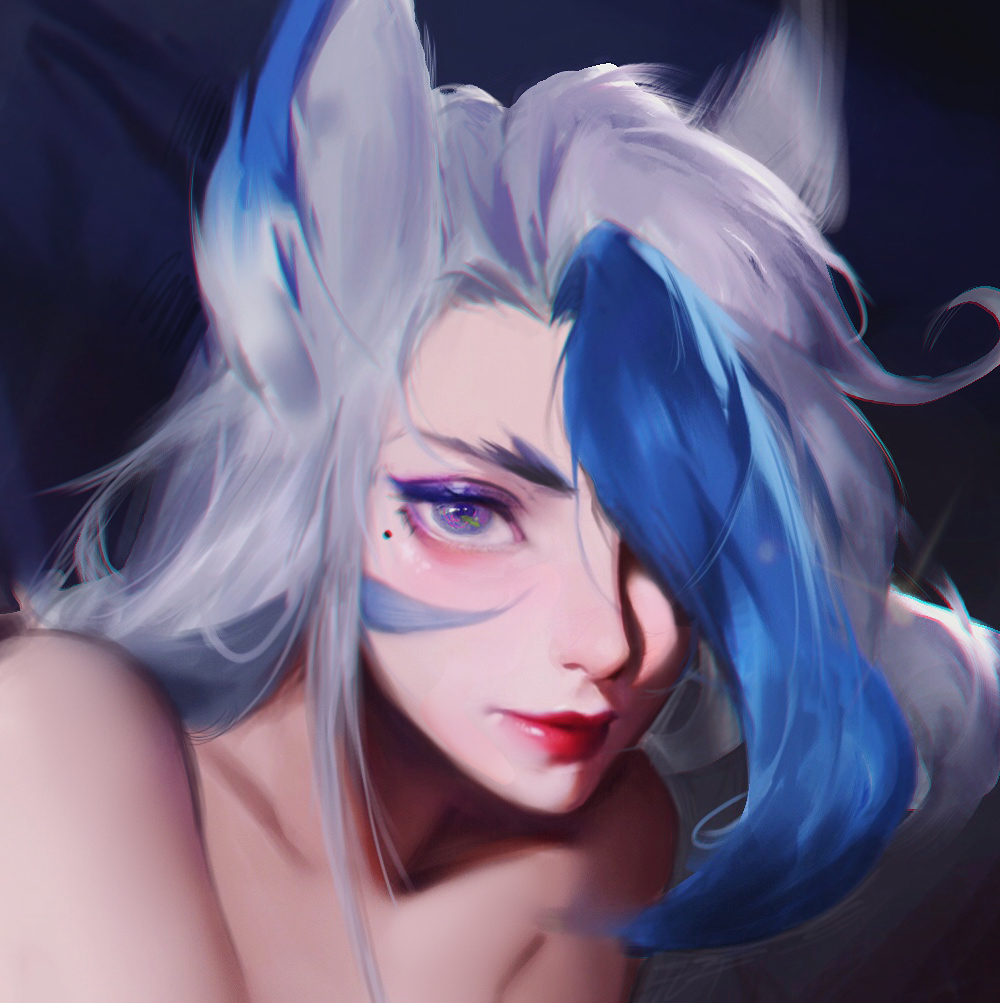 1girl animal_ears bare_shoulders blue_hair closed_mouth collarbone eyelashes hair_over_one_eye league_of_legends long_hair looking_at_viewer makeup mascara mole mole_under_eye multicolored_hair one_eye_covered portrait r.keensies red_lips sanpaku silver_hair simple_background smile solo streaked_hair two-tone_hair violet_eyes white_hair xayah
