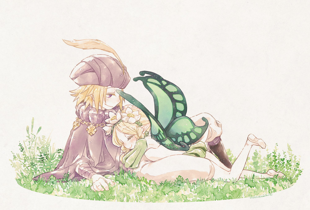 1boy 1girl blonde_hair braid butterfly_wings closed_eyes couple fairy flower graphite_(medium) grass hair_flower hair_ornament hat_feather hetero hug ingway_(odin_sphere) kitabashiri mercedes odin_sphere pointy_ears puff_and_slash_sleeves puffy_sleeves smile traditional_media twin_braids violet_eyes wings