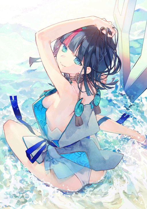 1girl armpits arms_behind_head arms_up ass bangs bare_shoulders black_hair blue_eyes blue_ribbon blunt_bangs breasts closed_mouth dress fate/grand_order fate/requiem fate_(series) fundoshi japanese_clothes jewelry long_sleeves looking_at_viewer looking_back magatama medium_breasts medium_hair multicolored_hair necklace noco_(adamas) official_art pelvic_curtain pink_hair polearm puffy_short_sleeves puffy_sleeves ribbon short_dress short_sleeves sideboob sidelocks sitting spear streaked_hair thighs utsumi_erise water weapon white_dress
