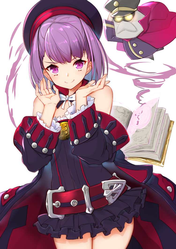 1girl bangs bare_shoulders belt black_coat black_dress black_headwear blush book breasts closed_mouth coat colonel_olcott_(fate/grand_order) detached_collar doll dress fate/grand_order fate_(series) hands_up helena_blavatsky_(fate/grand_order) long_sleeves looking_at_viewer medallion off_shoulder open_book open_clothes open_coat purple_hair short_dress simple_background small_breasts smile strapless strapless_dress thighs violet_eyes white_background yuuzuki_(re'ef)